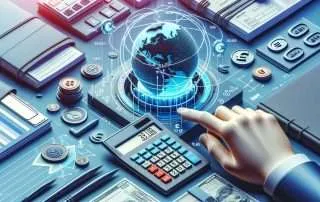 Digital finance concept with globe, calculator, and coins.