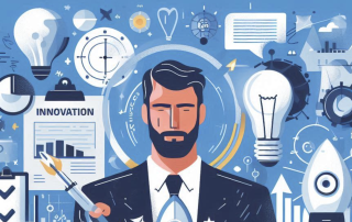 Business innovation concept with man and lightbulbs.