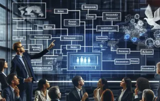 Business presentation on digital interface with team.