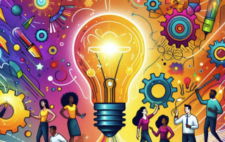 Creative teamwork with gears and lightbulb illustration.