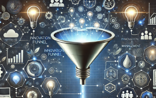 Illustration of innovation funnel with light bulbs.