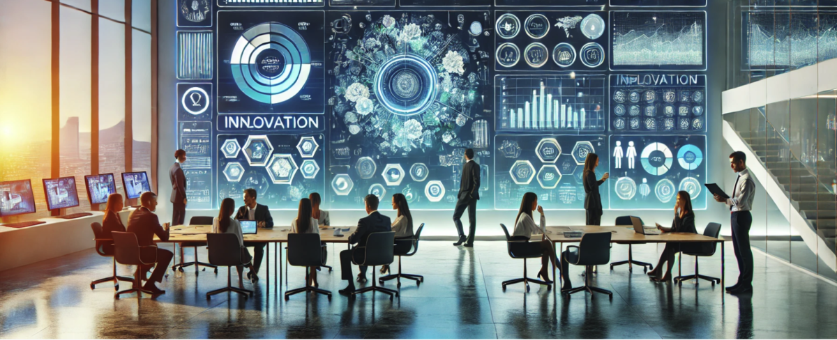 gestion de l'innovation mise en œuvre de logiciels Réunion futuriste dans une salle de conférence avec affichage numérique de l'innovation.