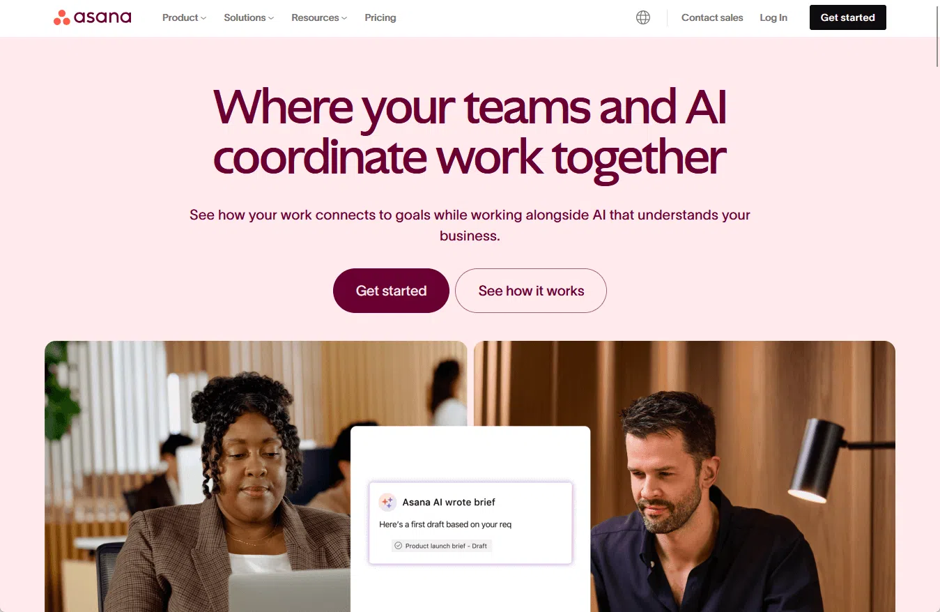 De homepage van Asana toont AI-samenwerkingsfuncties.