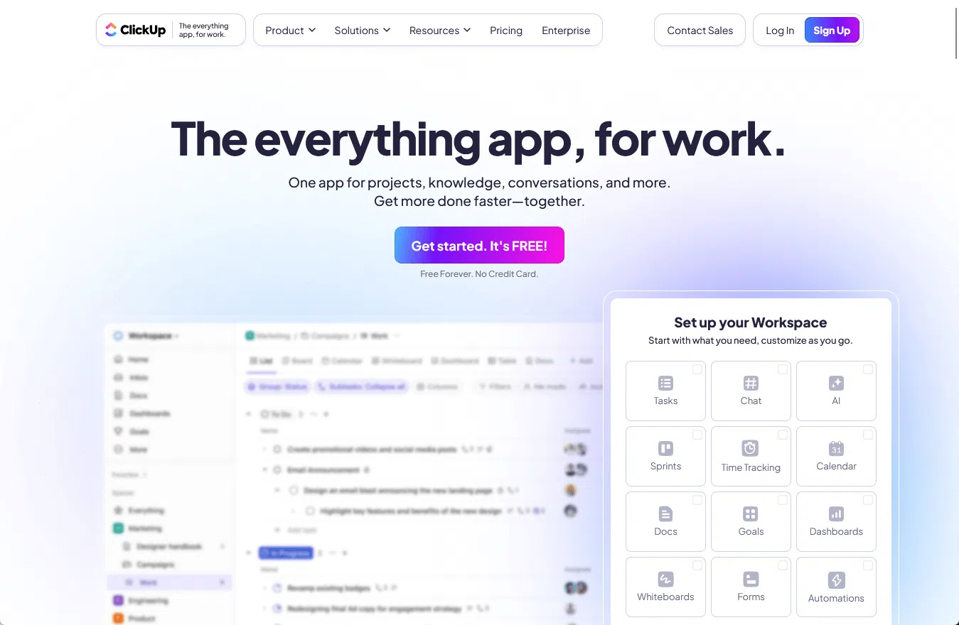 ClickUp app dashboard en werkruimte instellingsopties.