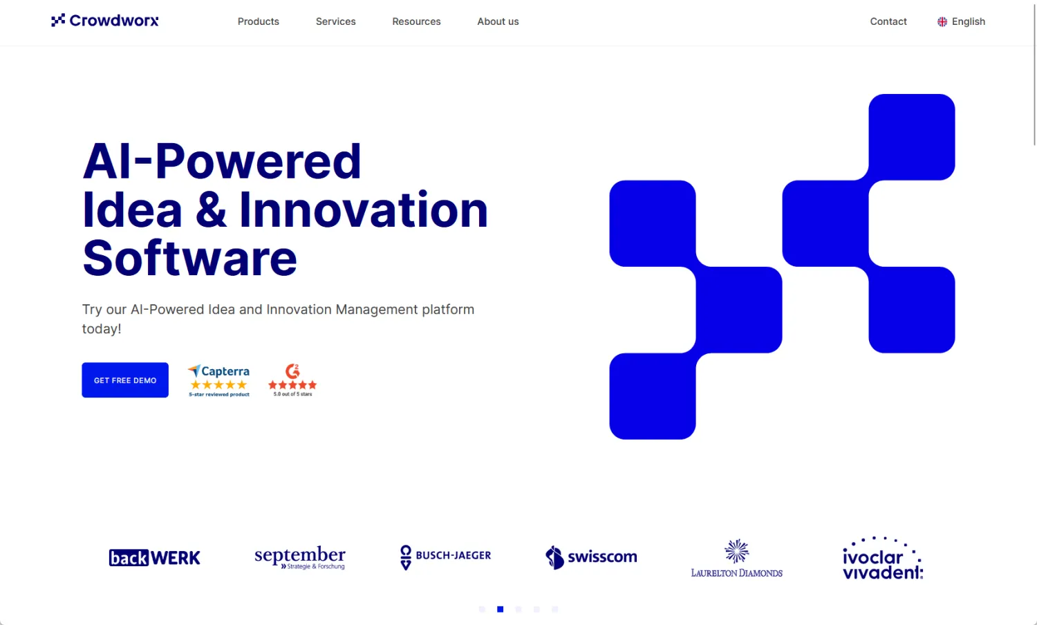 Logiciel de gestion de l'innovation alimenté par l'IA avec des évaluations et des logos.
