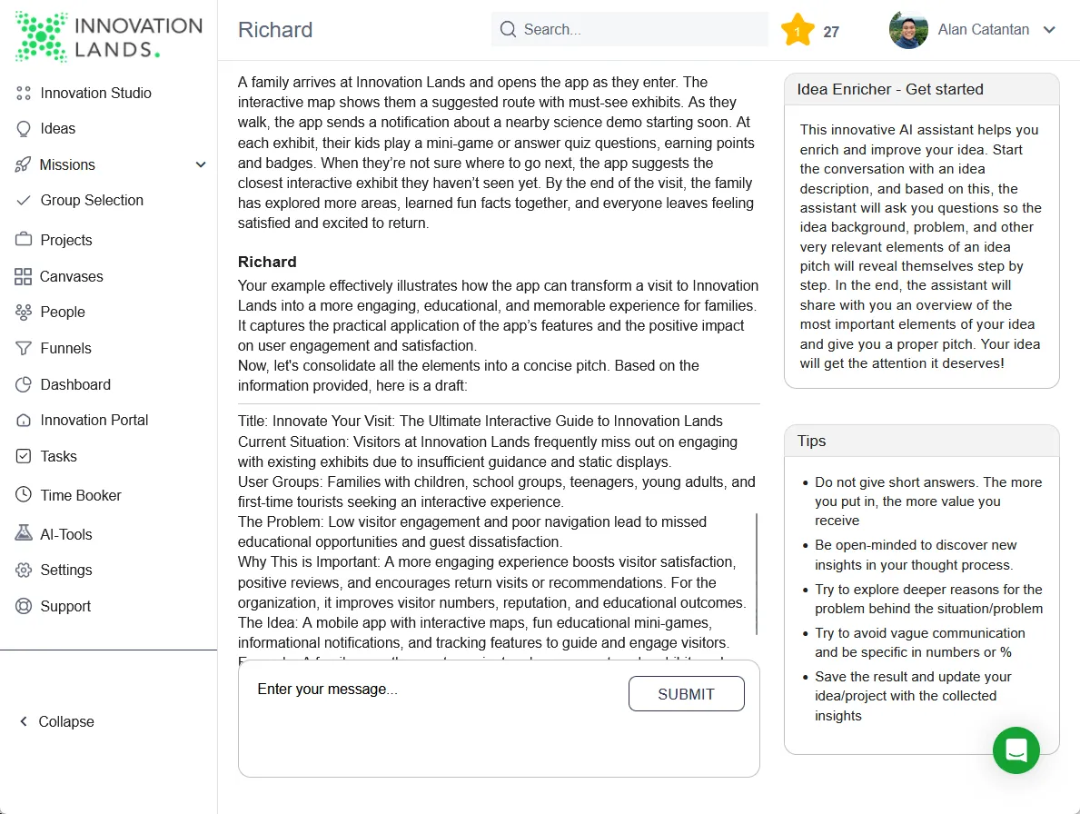 Overzicht Innovation Lands app voor educatieve familiebezoeken.