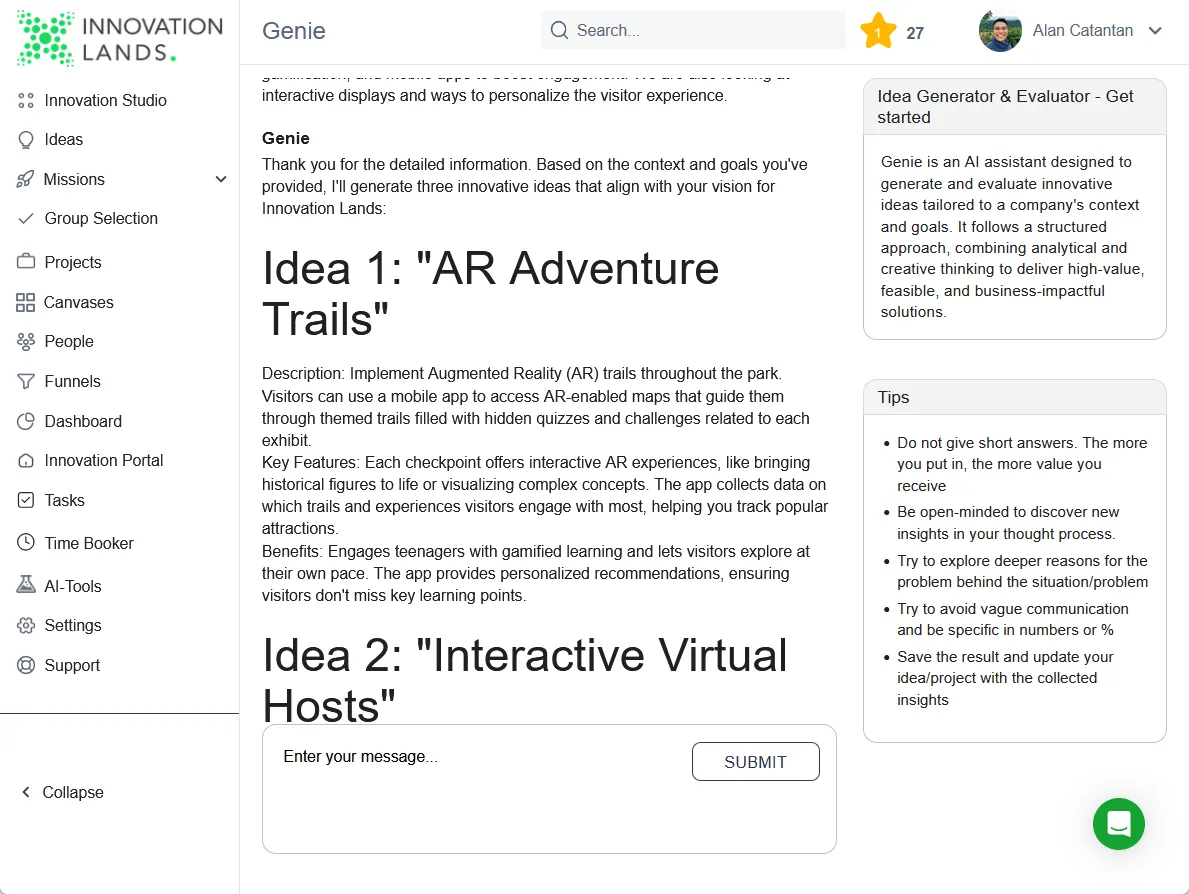 Ideeën voor innovatie: AR Adventure Trails, Interactieve Virtuele Gastheren.