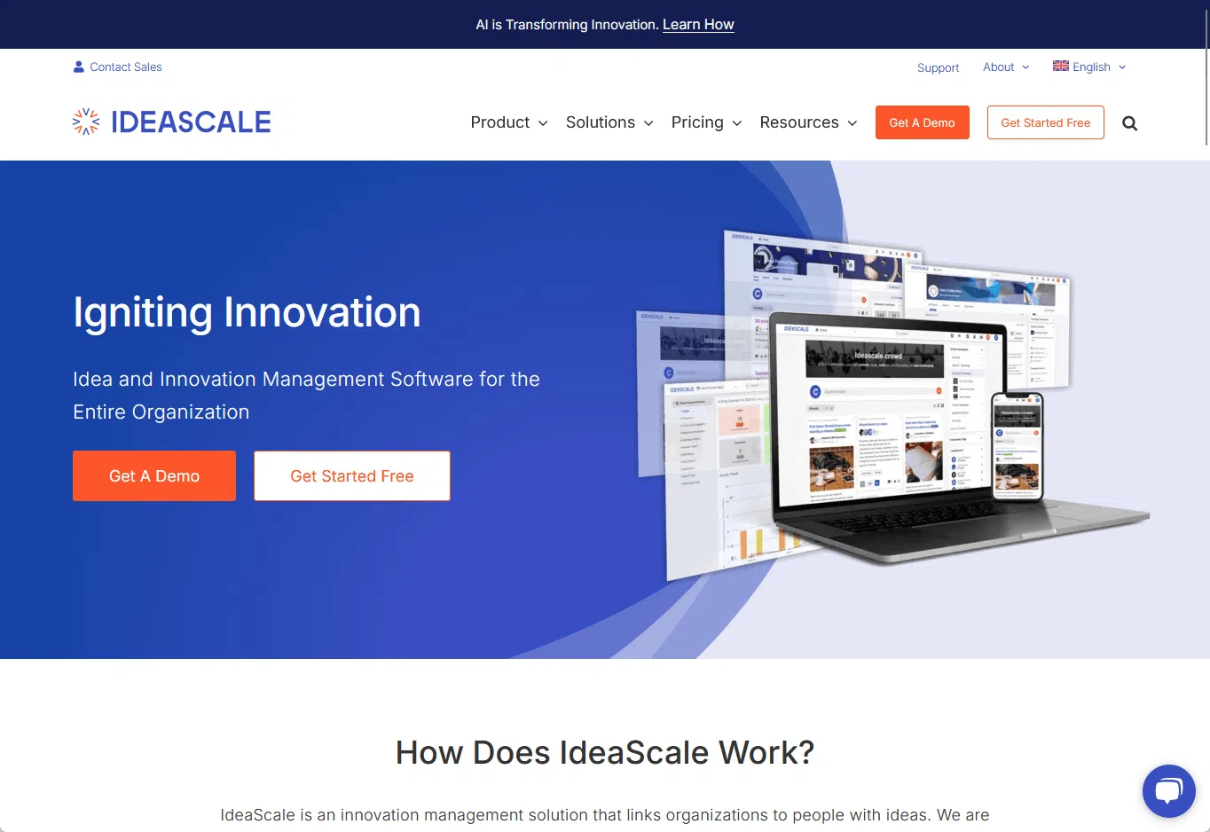 Logiciel de gestion de l'innovation IdeaScale affiché sur les appareils.