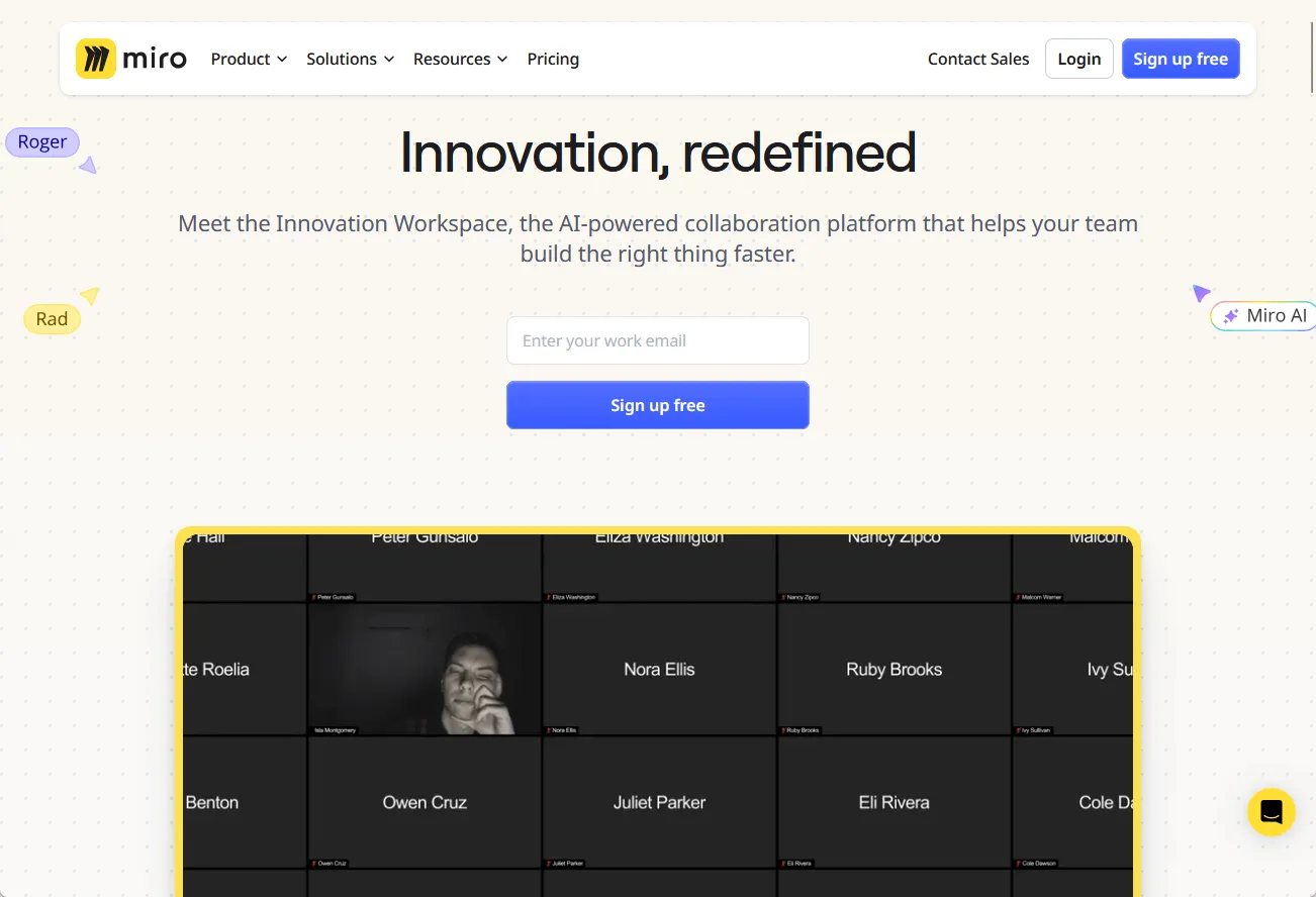 Homepage van samenwerkingsplatform Miro met aanmeldformulier.