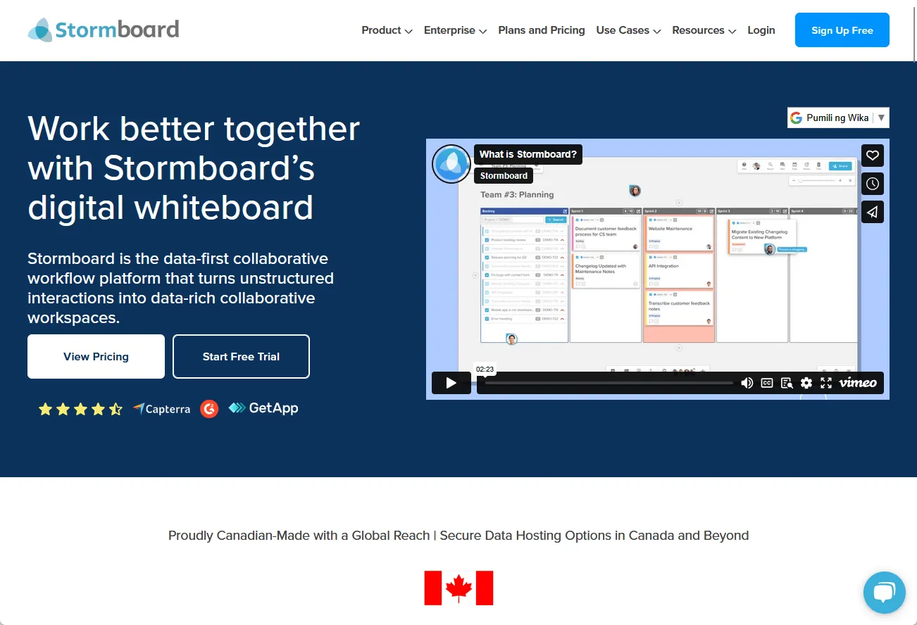 Screenshot van de startpagina van het Stormboard-platform voor digitale whiteboards.