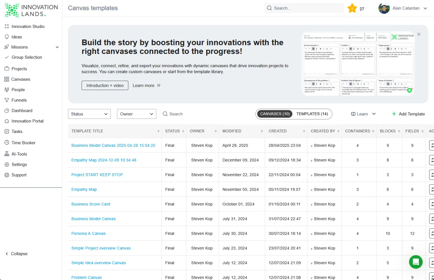 Innovation Lands canvas templates dashboard screenshot.