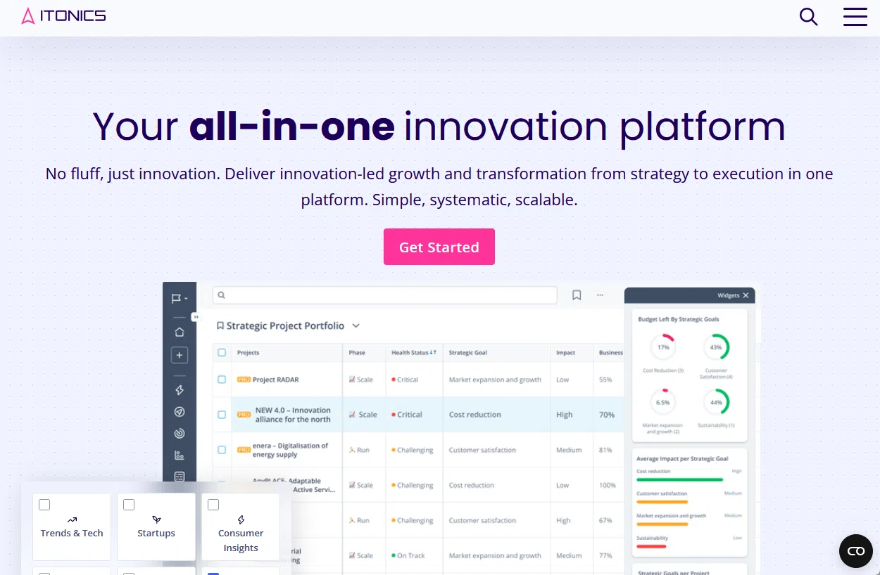 Capture d'écran de l'interface de la plateforme d'innovation tout-en-un