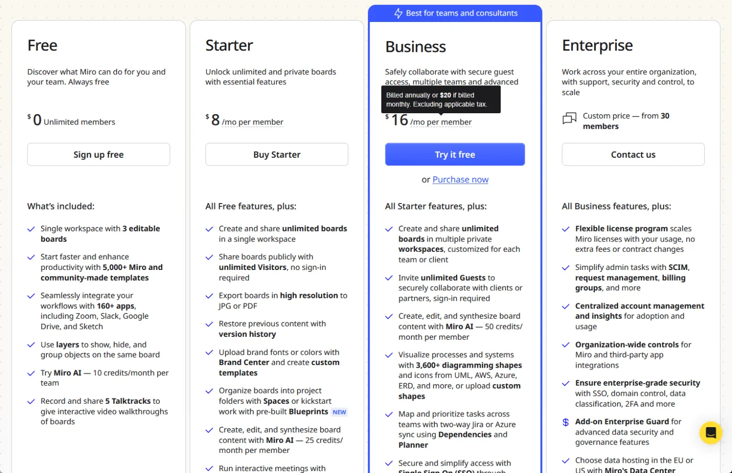 Plans tarifaires de Miro : Gratuit, Starter, Business, Enterprise.