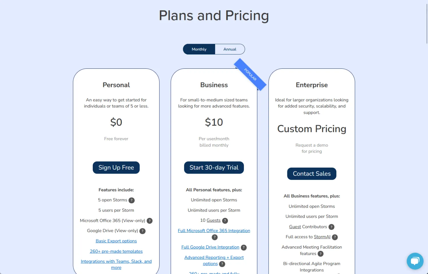 Plans tarifaires : Options personnelles, professionnelles et d'entreprise.