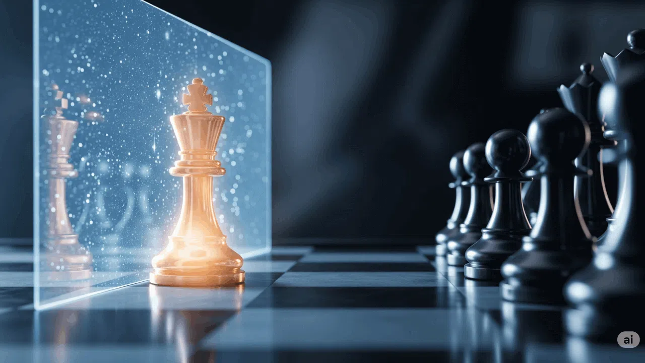 Reflet du roi d'échecs face aux pions sur l'échiquier.