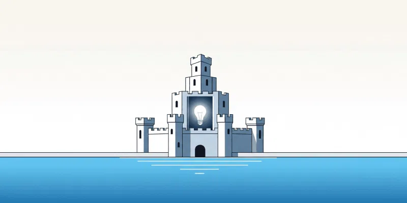 stratégie intelligente en matière de propriété intellectuelle en vedette Château avec une icône d'ampoule au bord de la mer.