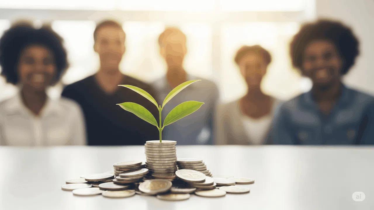 Plante poussant à partir de pièces de monnaie empilées, symbolisant la croissance financière.