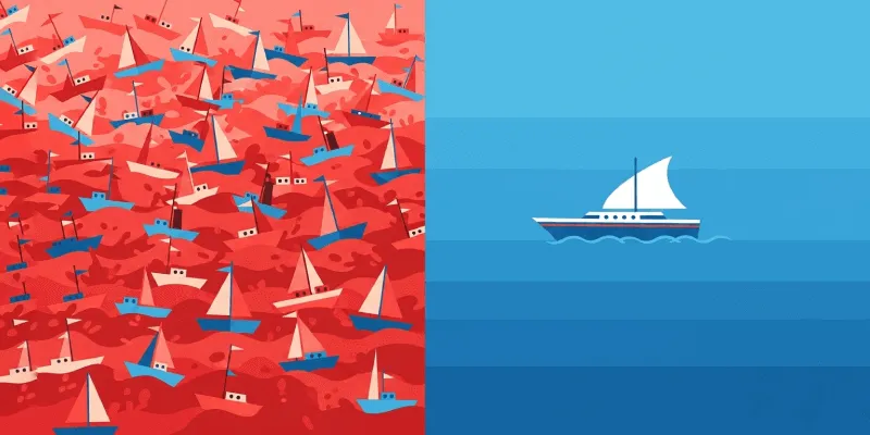 Many boats crowded versus single yacht on blue water.