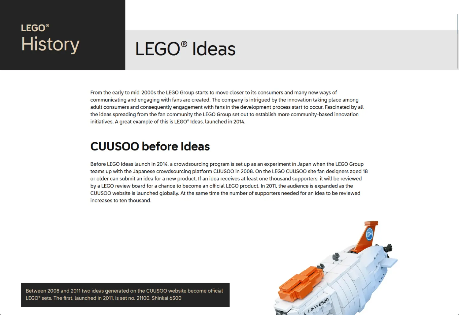 Historique des idées LEGO et détails de la collaboration avec CUUSOO.
