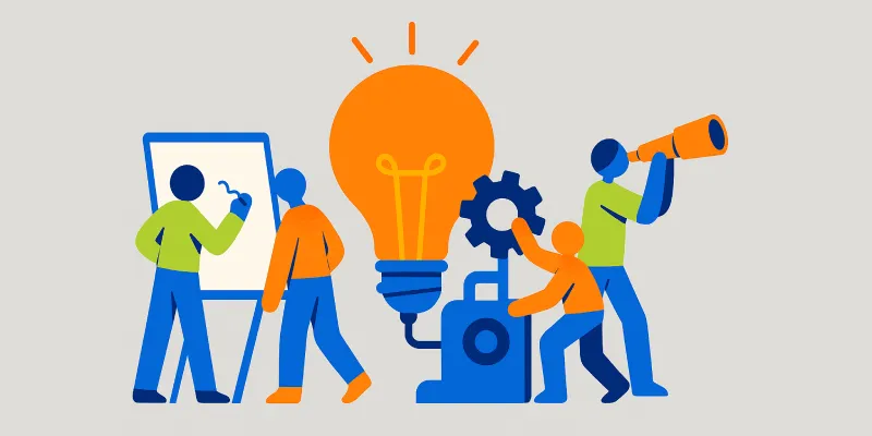 Team brainstorming with lightbulb and gear ideas