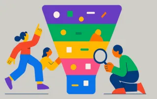 People analyzing colorful sales funnel illustration.