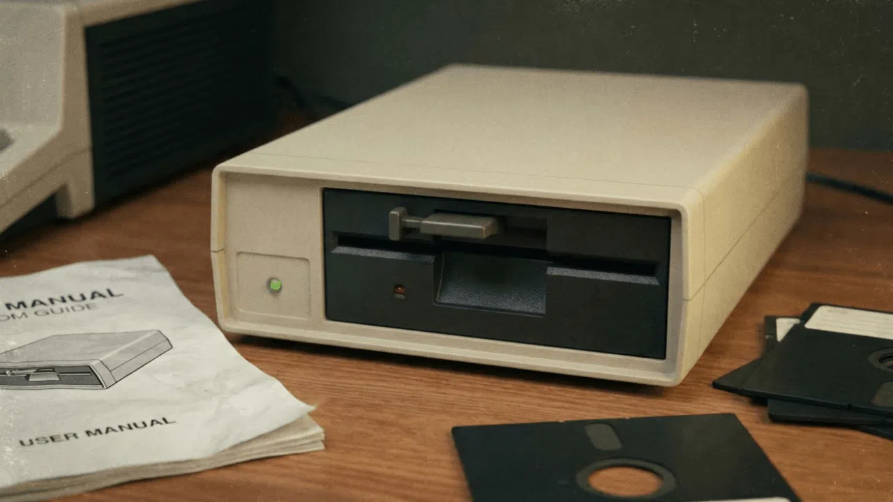 Lecteur de disquette vintage sur un bureau en bois