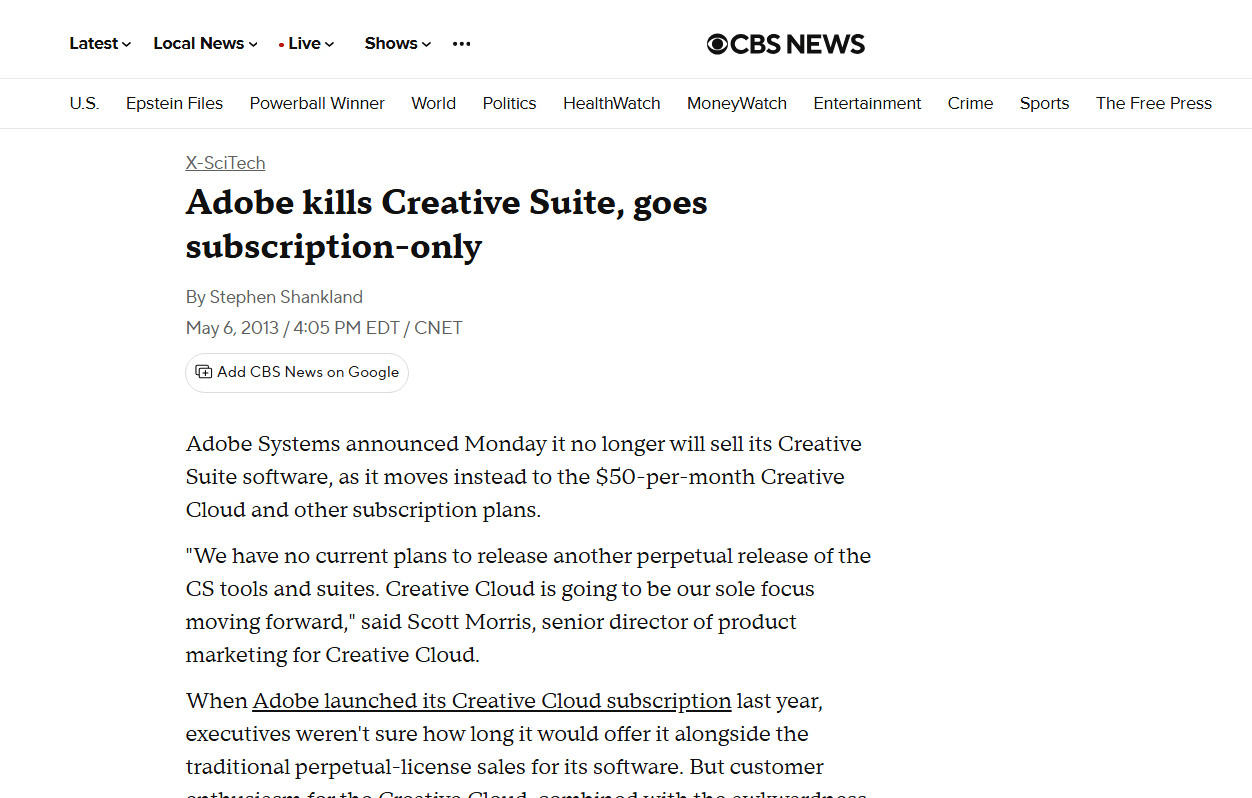 CBS News article about Adobe ending Creative Suite sales
