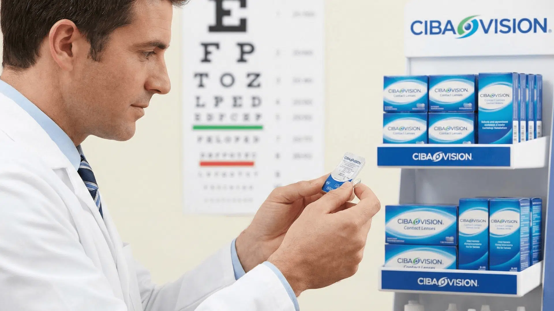 Optométriste examinant un présentoir de lentilles de contact CIBA Vision