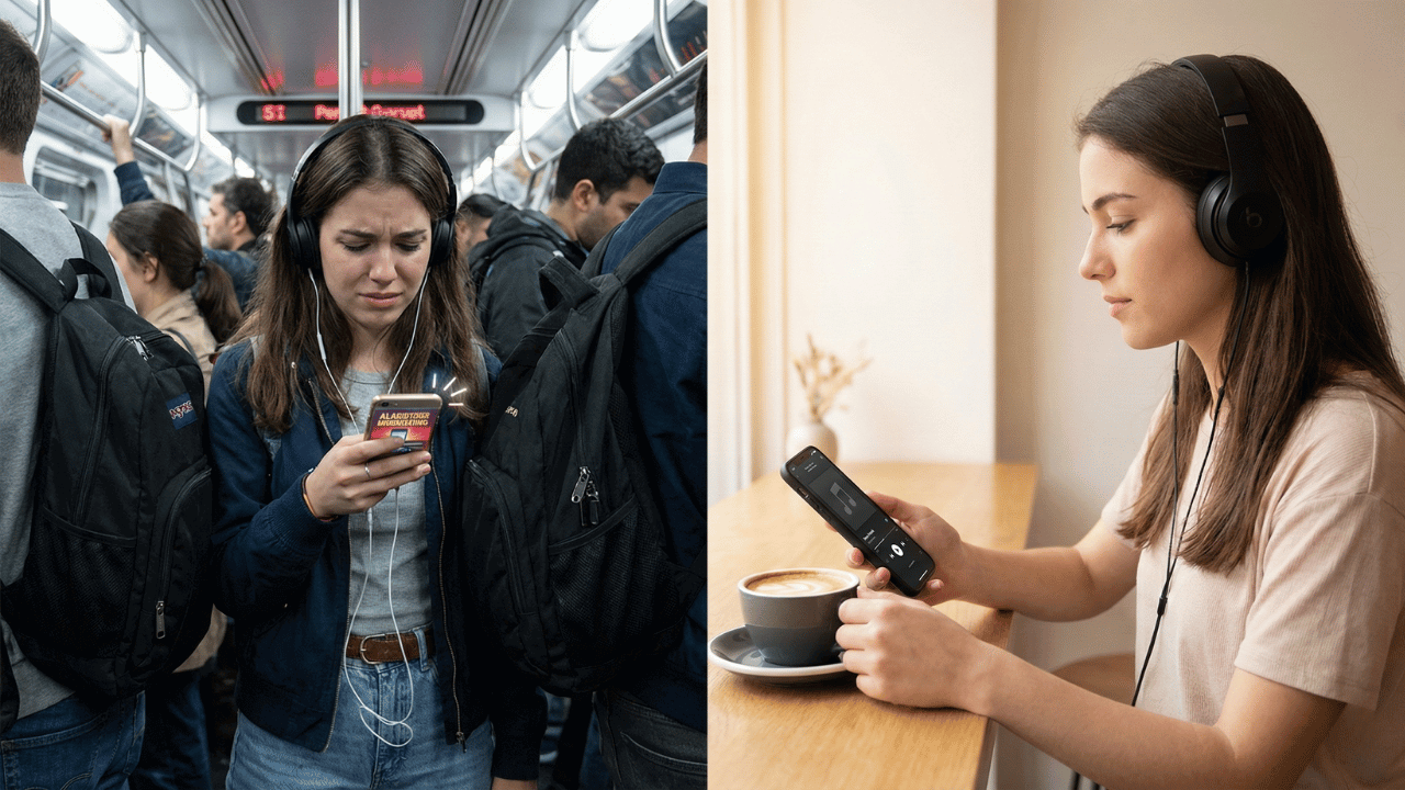 Mulheres usando smartphones com fones de ouvido em diferentes ambientes