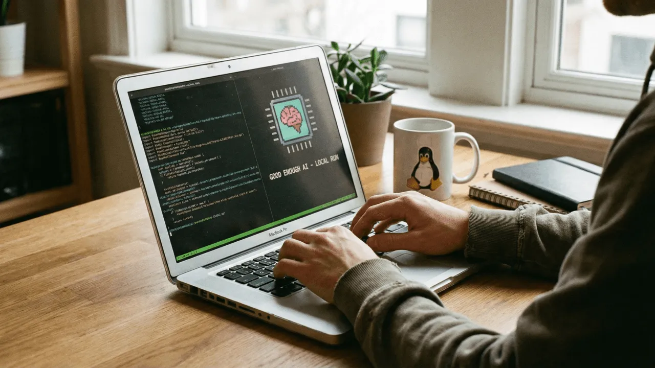 Person coding artificial intelligence on laptop