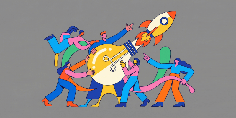intrapreneurship corporate guide featured Team launching rocket shaped like light bulb