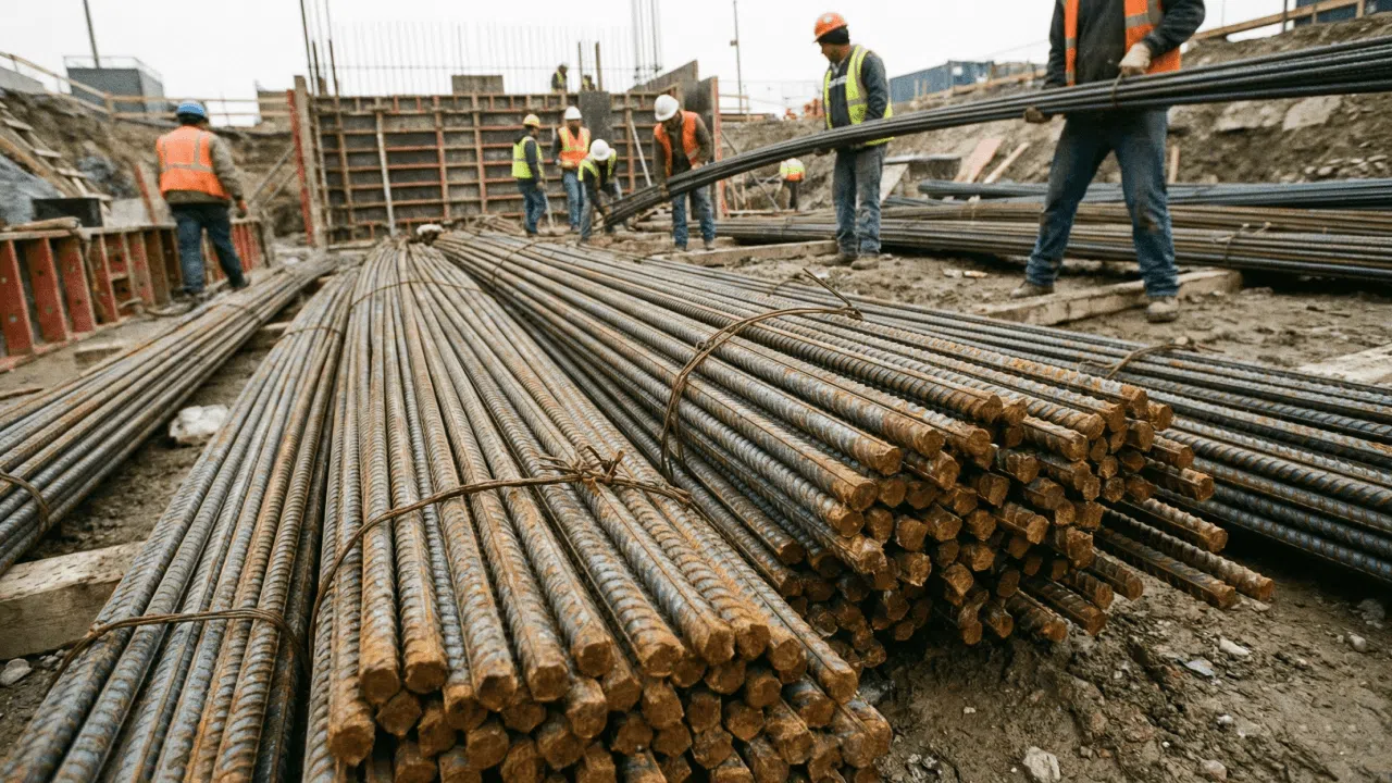 Ouvriers du bâtiment manipulant des barres d'armature en acier sur un chantier