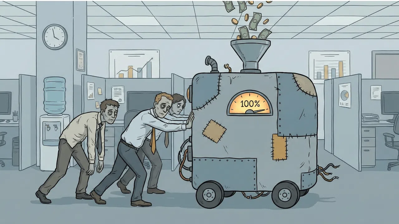 Des employés de bureau fatigués poussent une machine produisant de l'argent.