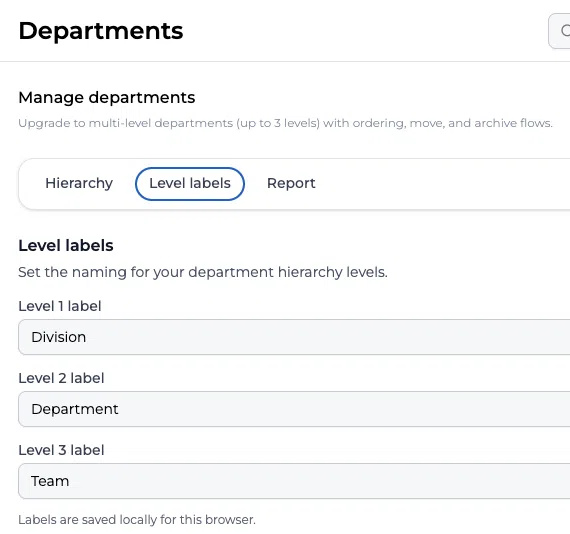 Page de paramètres des services avec des libellés de niveaux hiérarchiques modifiables
