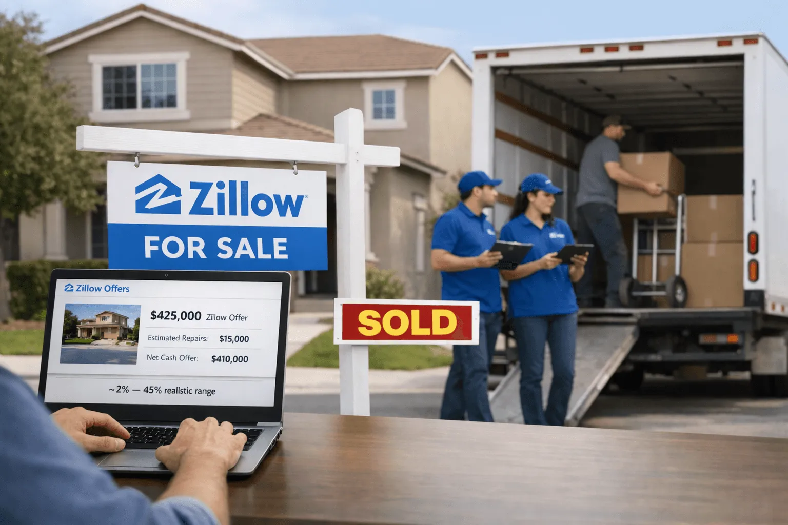 Illustrative photo representing Zillow’s iBuying experiment: a suburban home with a Zillow-style “For Sale” sign and a sold tag, movers loading boxes into a truck, and a laptop showing a model-based home offer and pricing details. The scene visually suggests the gap between precise algorithmic pricing and real-world uncertainty in home-flipping operations.