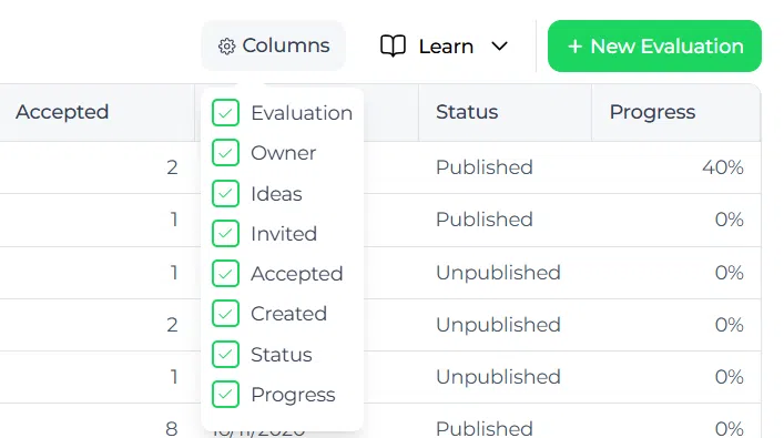 Tabela do painel com menu pendente de seleção de colunas