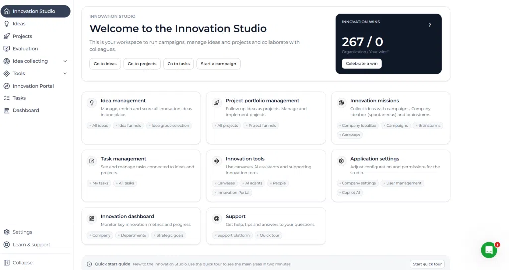 Tableau de bord d'Innovation Studio avec aperçu des modules de gestion