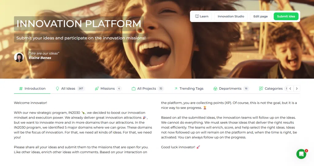 Page d'accueil du site web de la plate-forme d'innovation avec une bannière de personnes souriantes