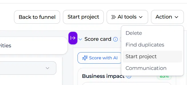 Projekt-Dashboard mit geöffnetem Aktions-Dropdown-Menü