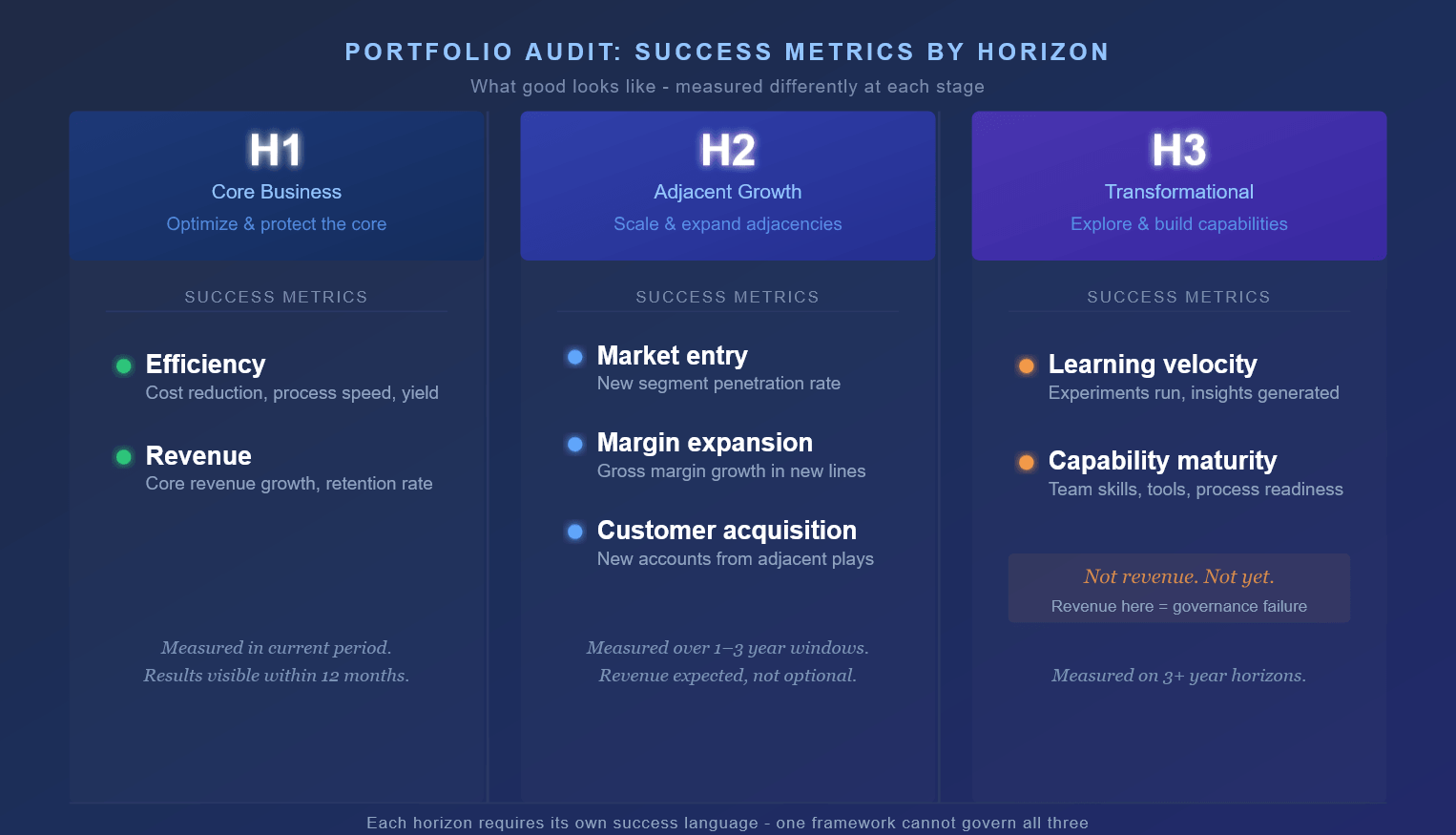 Infographic showing success metrics for each of the three innovation horizons: efficiency for H1, market entry for H2, and learning velocity for H3.