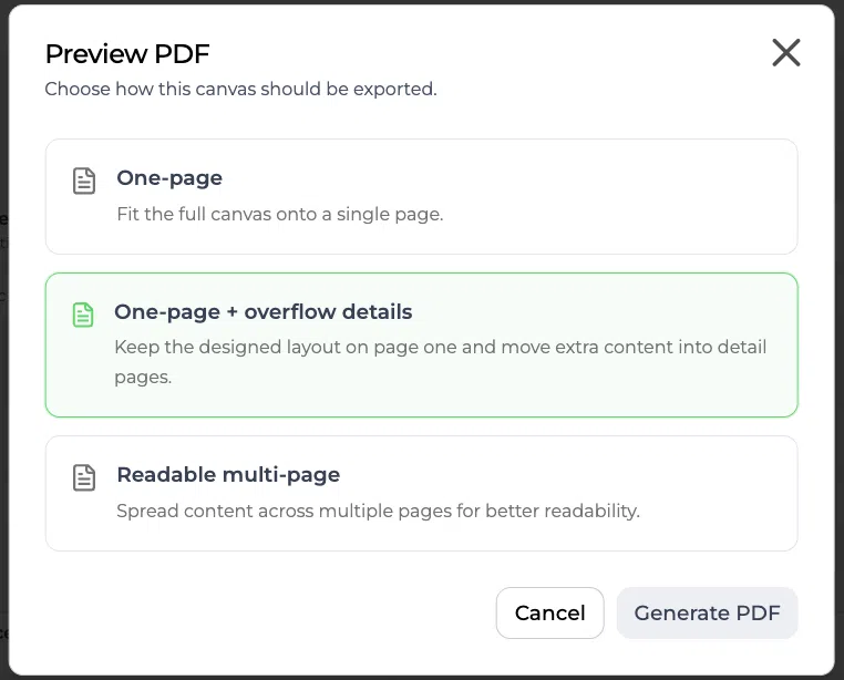 Cuadro de diálogo de vista previa en PDF con opciones de diseño de exportación