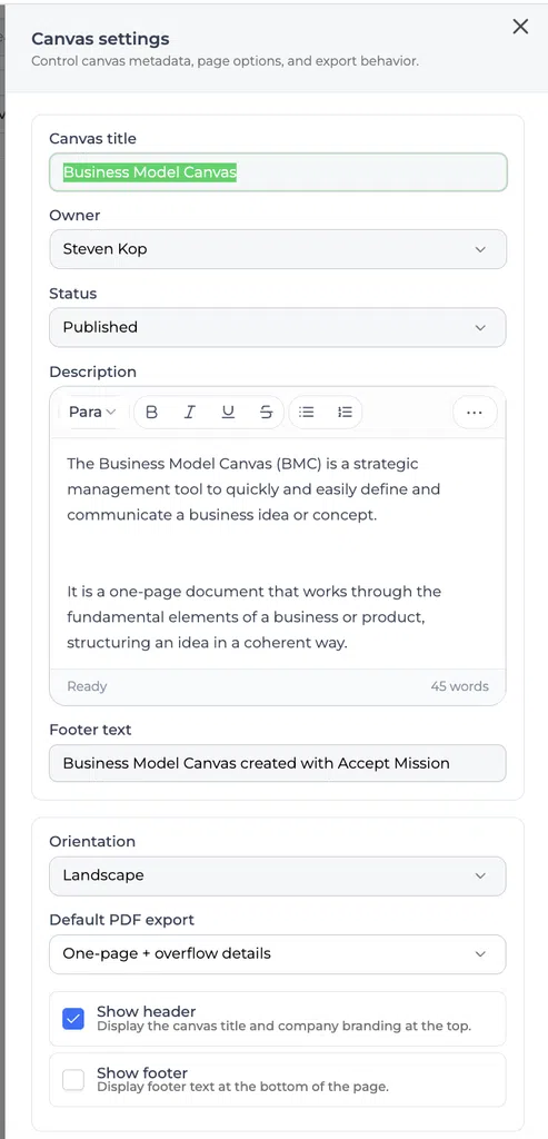 Ventana modal de configuración del Business Model Canvas