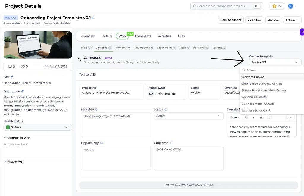 Página do Project Canvas com o menu suspenso de modelos aberto