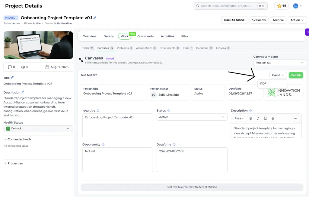 Écran « Project Canvas » avec le menu « Exporter au format PDF » mis en évidence