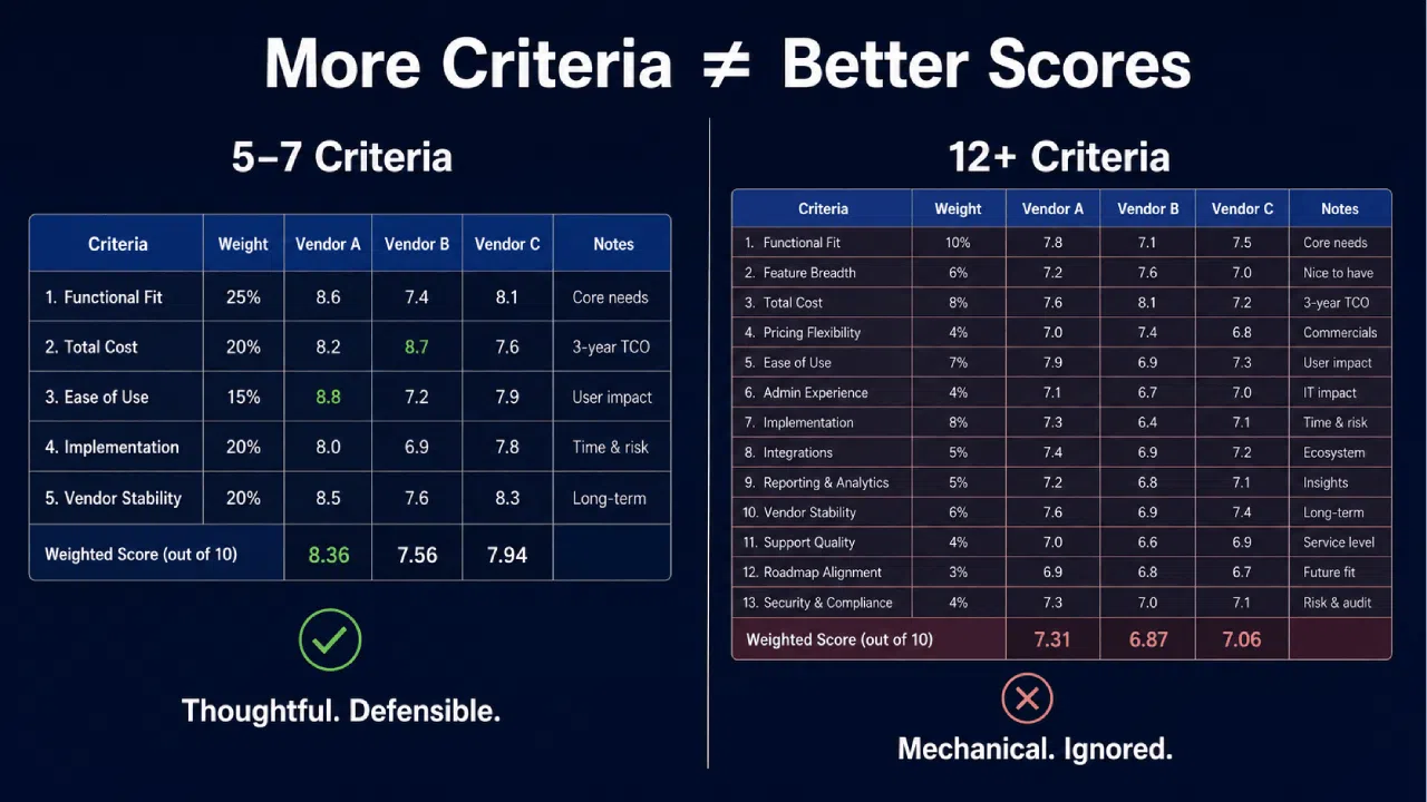 Comparison of vendor scoring criteria tables