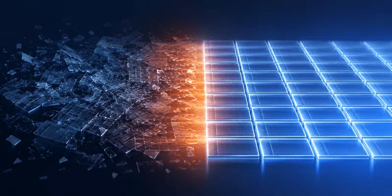 decision matrix score compare ideas featured Digital data transforming into glowing blue grid