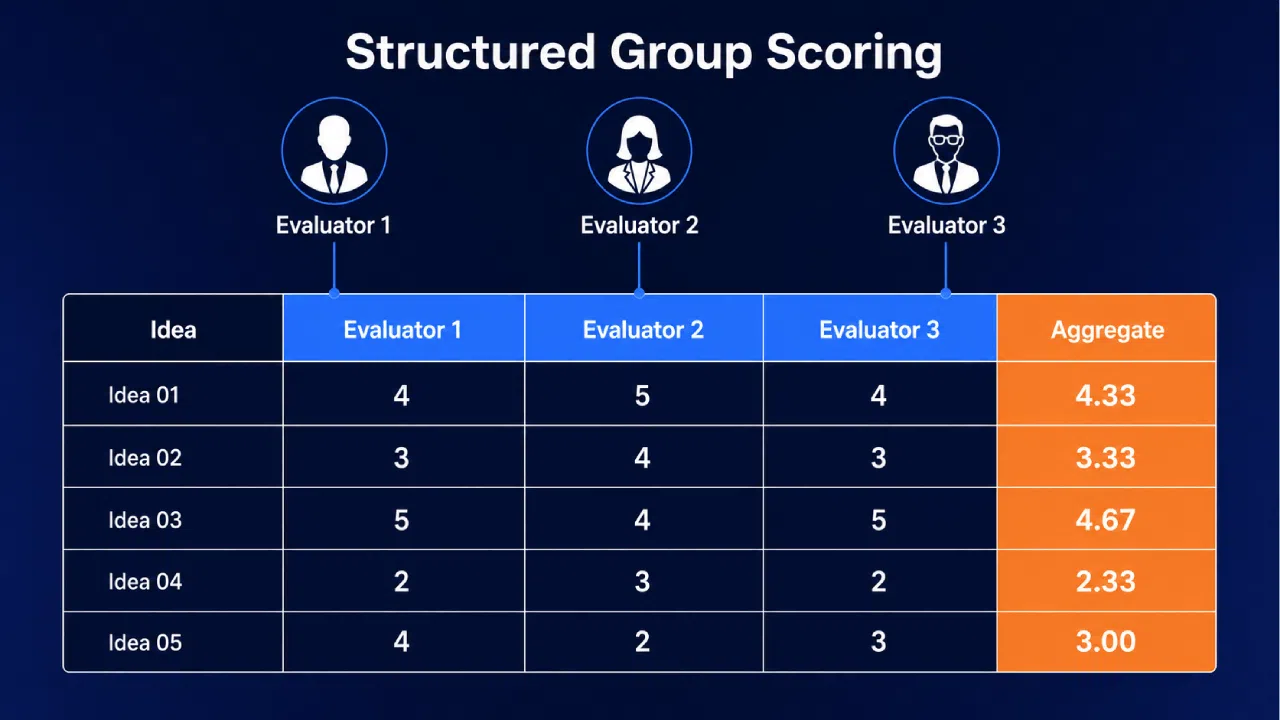 Structured group scoring table with evaluator ratings