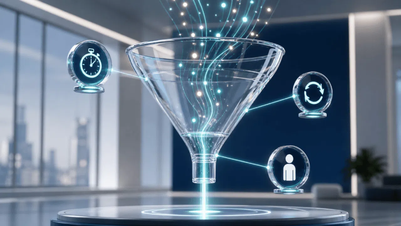 Digital data funnel with glowing technology icons
