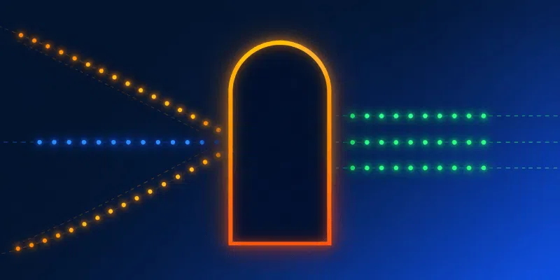 portail de l'innovation en vedette Porte en néon lumineux avec des chemins lumineux convergents