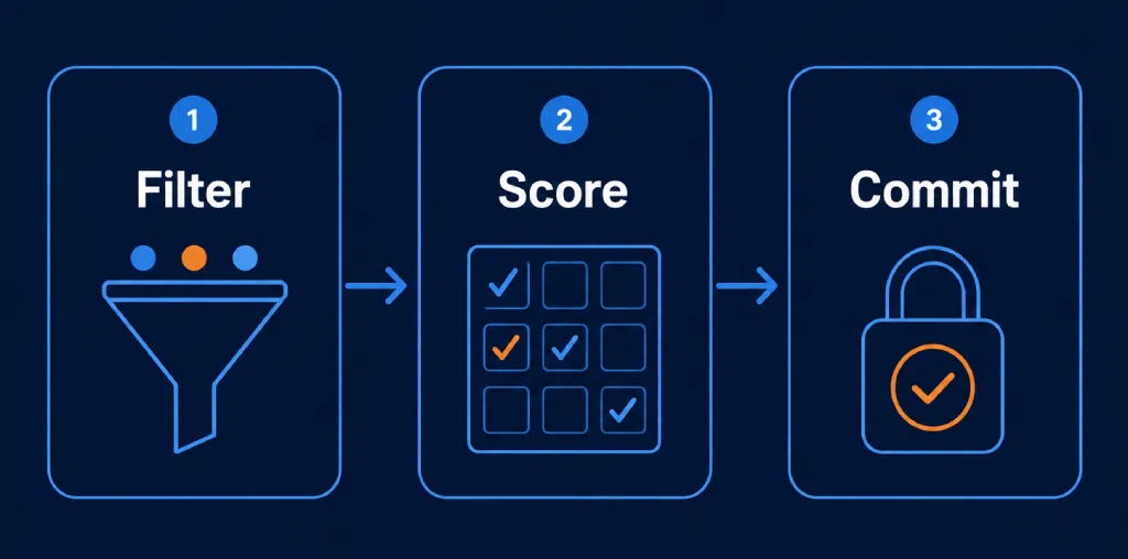 Three-step process: Filter, Score, Commit workflow diagram